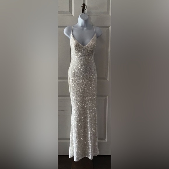La Femme Elegant V Neckline White Sequin Gown